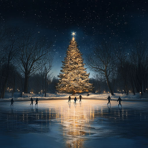 Christmas tree on frozen lake lit by spotlights with skaters