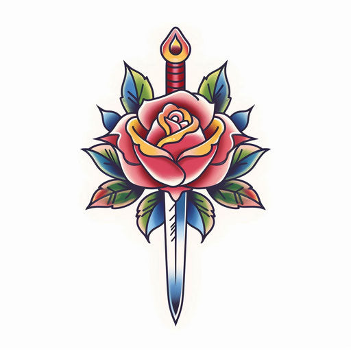 Sailor tattoo: rose and dagger, bold colors