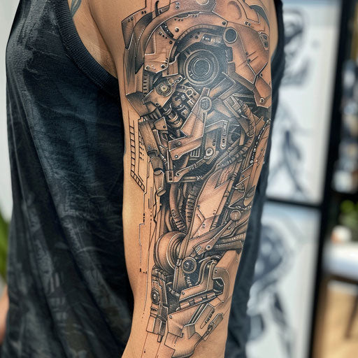 Arm tattoo with cybernetic elements, Adrian Smith style