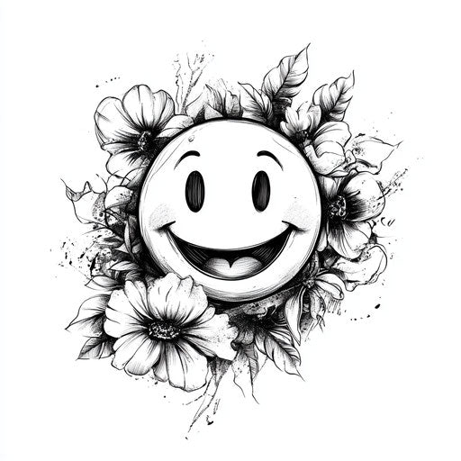 Smiley tattoo with floral wreath on white background