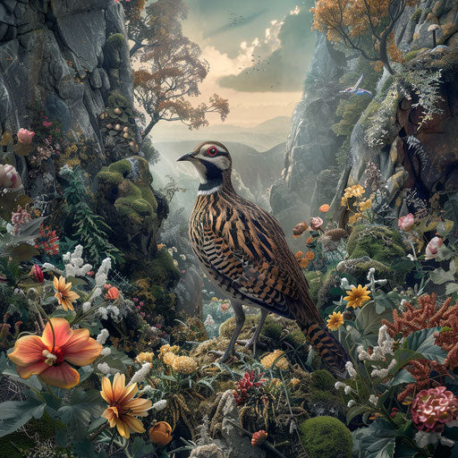 Quail bird in a fantastical woodland setting