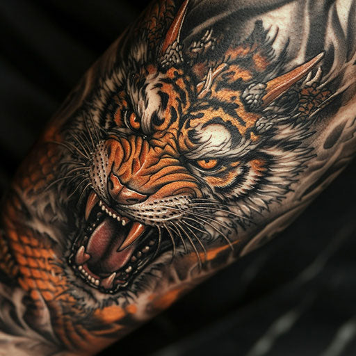 Japanese sleeve tattoo with detailed dragon and tiger face-off in J.P. Targete style