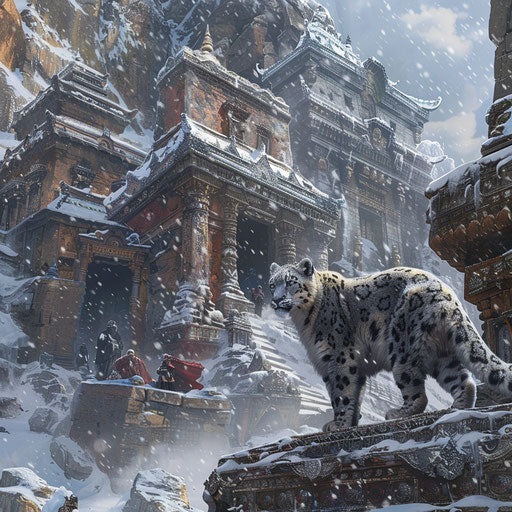 Snow leopard watching over ancient snow-covered temple