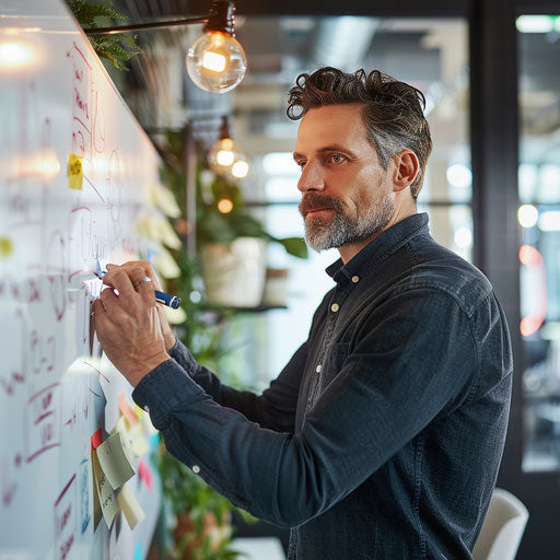 Businessman in a modern office, writing on a whiteboard with innovative ideas