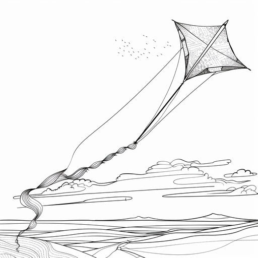 A kite flying high with a long tail. Coloring book page