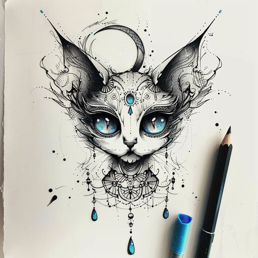 Tattoo sketch of a mystical cat with crescent moon