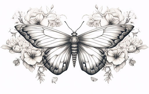 moth and flower tattoo design, black and white line work