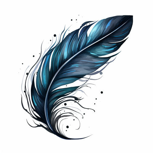 Black and blue feather on white background, colorful fantasy realism