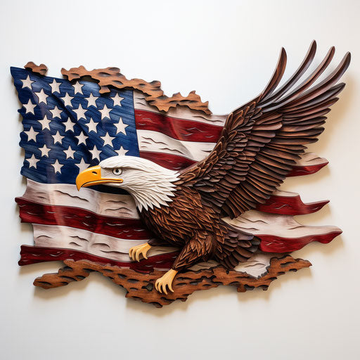 American bald eagle in flight on wooden wall with American flag and blue sky, resin style, light maroon and white
