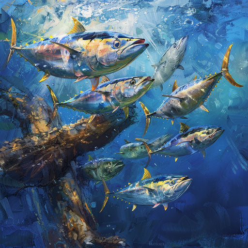 Yellowfin tuna circling drifting piece of wood