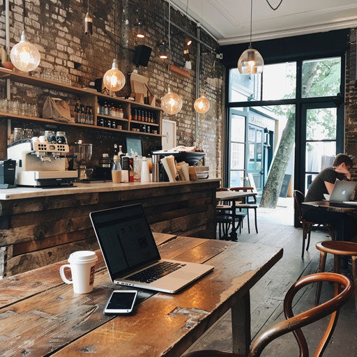 Serene cafe with person working on financial reports