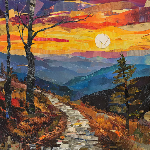 Magazine clippings collage of a trail in the Blue Ridge mountains at sunset in the style of artist Deborah Shapiro
