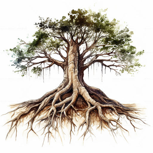 Roots illustration in the style of Oil painting, on a white background