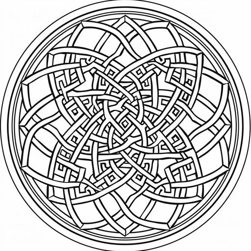 Circle with an intricate Celtic knot design. Coloring page