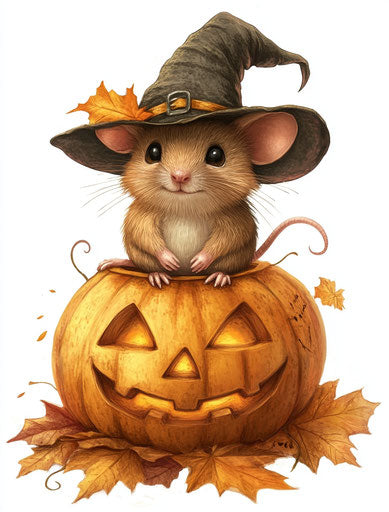 Cute brown mouse with witch hat on pumpkin