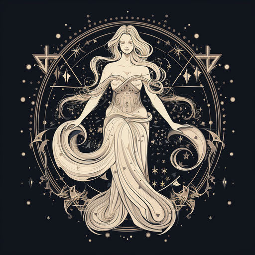 Virgo zodiac symbol, sketchy lines, luxurious drapery