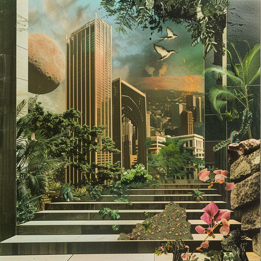 Surreal collage of nature and urban architecture