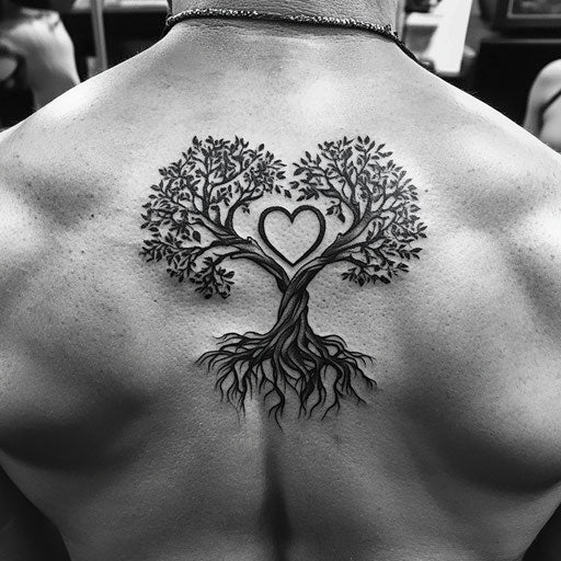 Tree tattoos for men wrapping roots around a heart