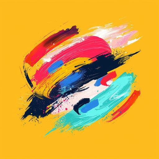 Graphic design logo with brush stroke elements and colorful palette, against a vibrant background
