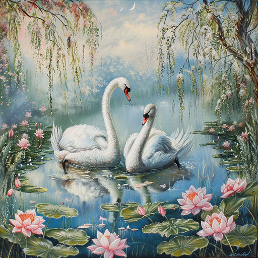 Courtship dance of swan birds on secluded lake