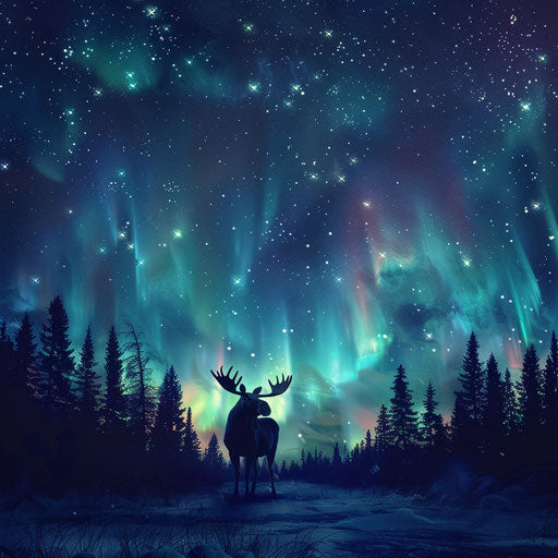 A moose standing in the northern lights under a starry sky