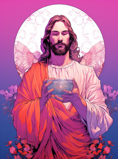 Jesus holding an utensil in his hands, meticulous linework style, light red and purple, baroque animals, commission