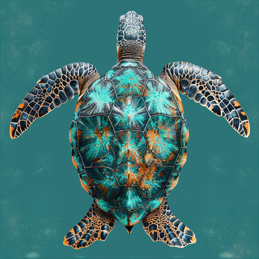 Realistic turtle illustration with flat teal background