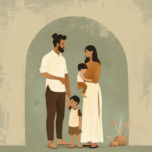 Family clipart with realistic depiction on muted olive background, soft gradients, refined linework