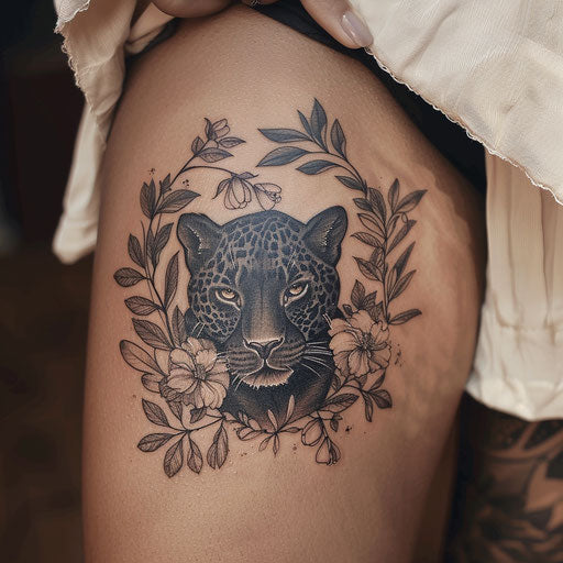 Elegant black panther tattoo in a floral setting