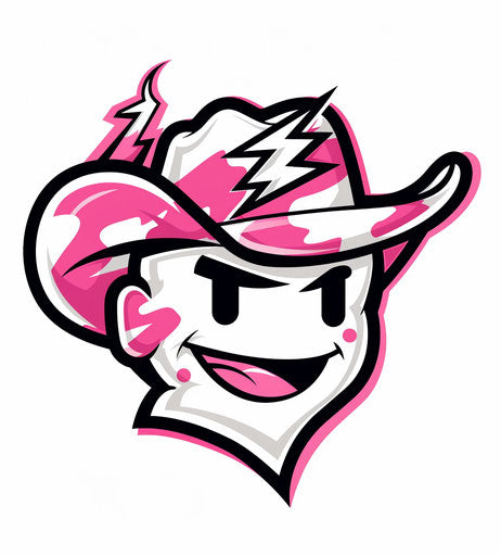 Emoji cowboy logo with lightning bolt hat in pink and white