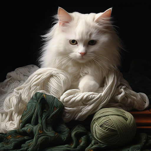White cat playing with yarn
