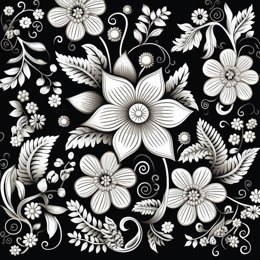 Black and white flower paisley template, in the style of black and white drawings, Mughal painting, organic material, Indian scenes, captivating, batik