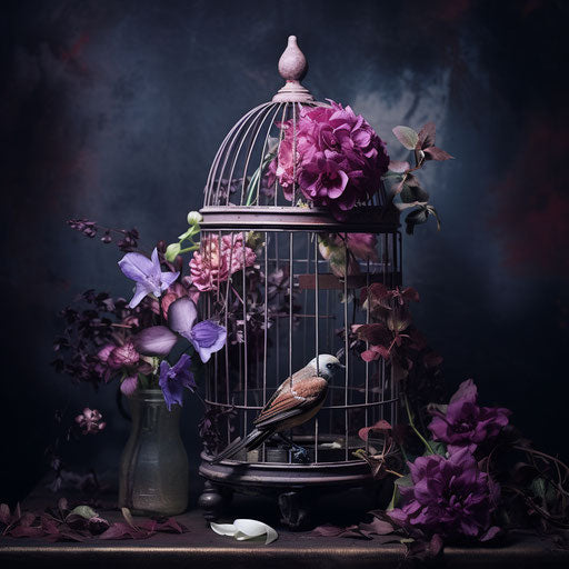 Purple Flower in Bird Cage, Dark Pink and Gray Style