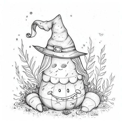 Whimsical candy corn character dressed as a witch for Halloween