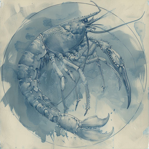 Eerie flat tattoo sketch of a phantom lobster with a translucent shell, muted blues and whites, clipart style