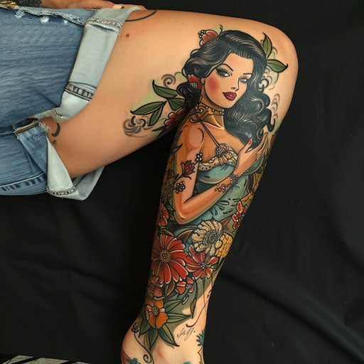 Classic pin-up girl arm tattoo in Ed Hardy style