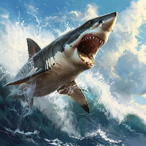 Great white shark leaping from ocean with water splashing