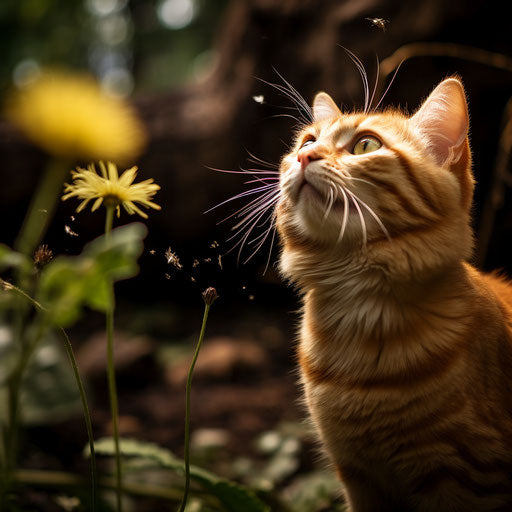Ginger cat staring at an insect
