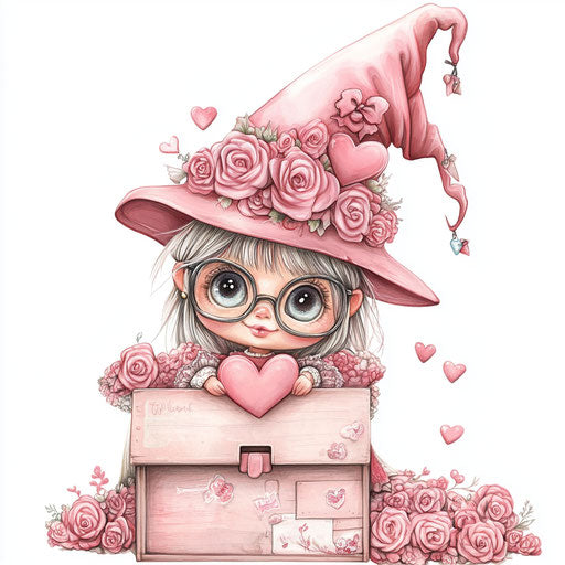 Adorable Valentine gnome girl with roses in hat, glasses, heart