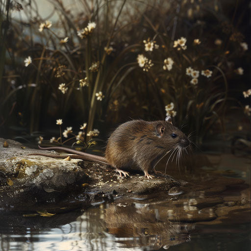 Brown rat near a peaceful pond, in the style of Vincent Munier