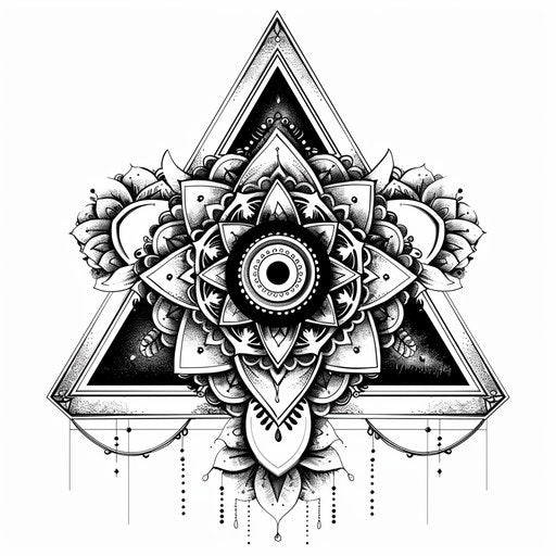 Elegant triangle tattoo concept with mandala pattern on pristine white