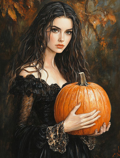 A beautiful witch holding a glowing orange pumpkin