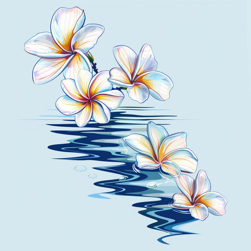 Floating plumeria flower with blue reflections on water