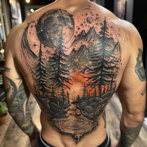 Men's tattoo with a cosmic scene