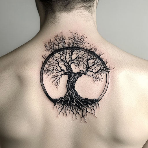 Back shoulder tattoo with tree of life and roots
