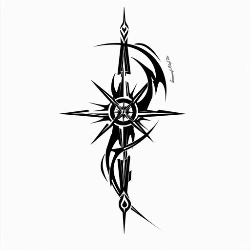 Tribal true north tattoo design, sharp black angles on pure white background