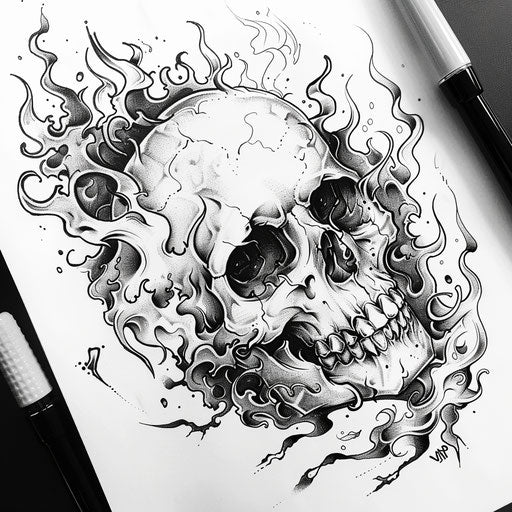 Detailed flame and skull drawing in black and white
