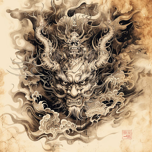 Flat tattoo sketch of a Japanese demon with mystical symbols and dark, swirling clouds