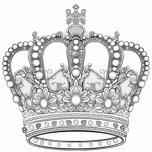 Elaborate queen's crown with pearls and ornamental designs. Coloring book page