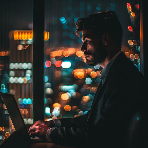 Businessman working late, city lights glowing